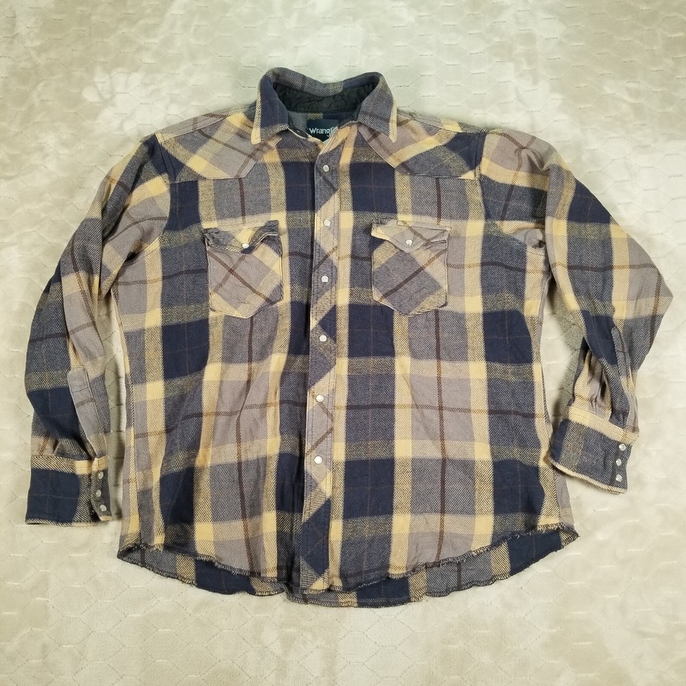 VTG Wrangler Flannel Plaid Pearl Snap Western Shirt Shacket Thick Sz L/XL Look